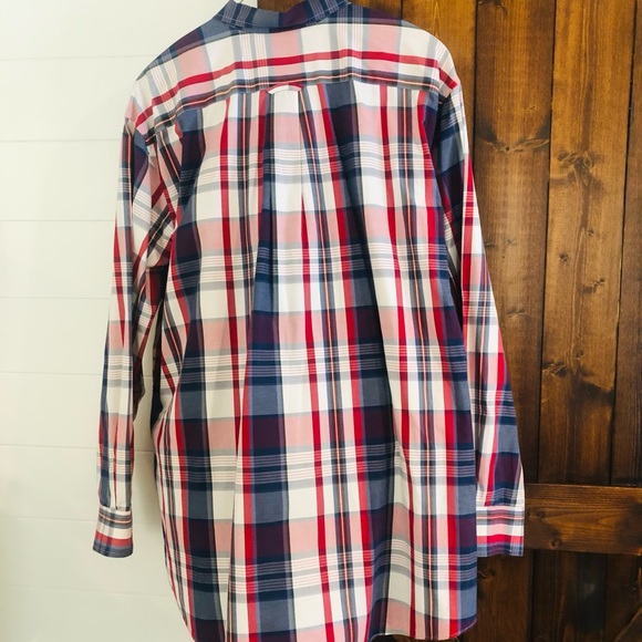 Nautica Men’s Big and Tall red, white and blue plaid button down shirt . - Picture 7 of 9